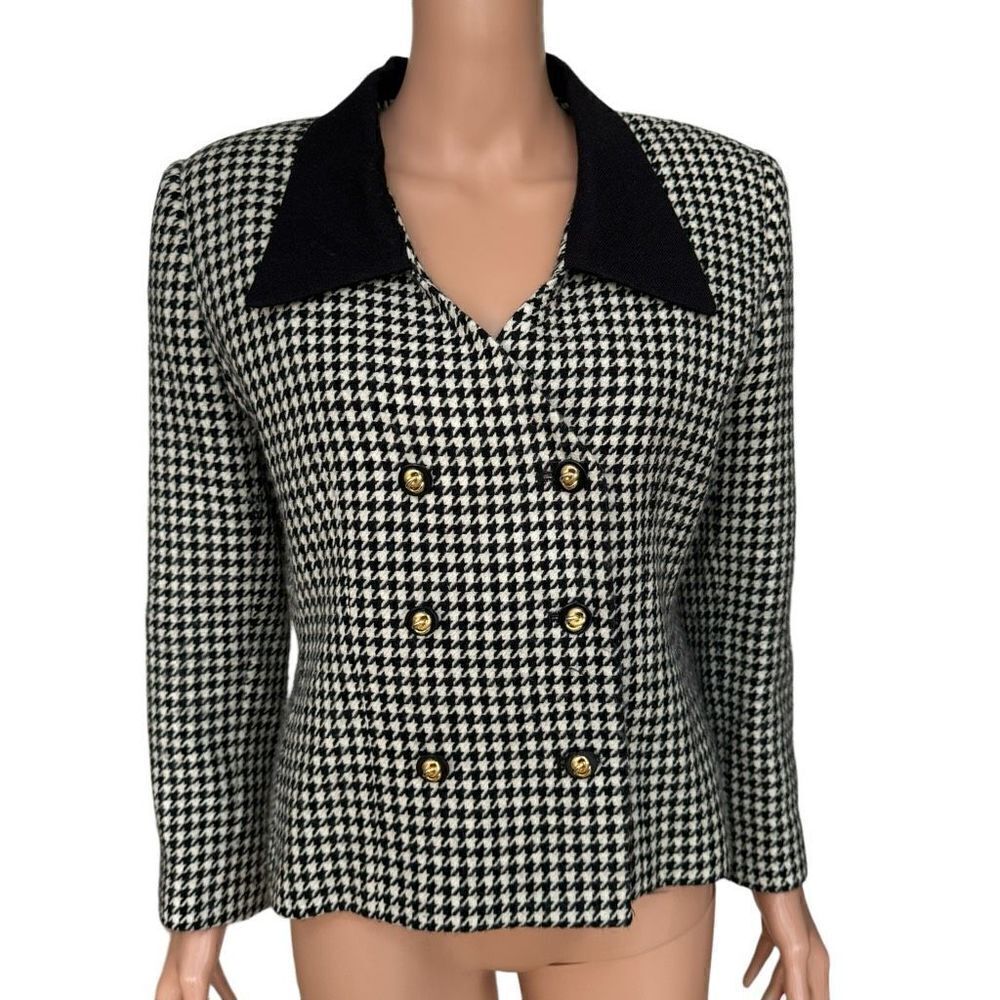 Amanda Smith Petites Blazer Jacket Black White Houndstooth 100% Wool Flipz Sz 10